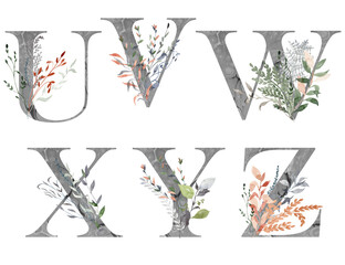 Watercolor gray letters. Botanical alphabet with leaves for wedding invitations, greeting card, birthday, logo, poster and other.