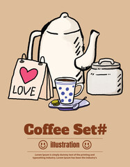 Set of Vector coffee pencil outline hand drawn trendy style illustration