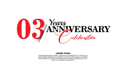 Fototapeta na wymiar 03 year anniversary celebration logo vector design with red and black color on white background abstract 