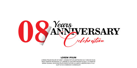 Fototapeta na wymiar 08 year anniversary celebration logo vector design with red and black color on white background abstract 