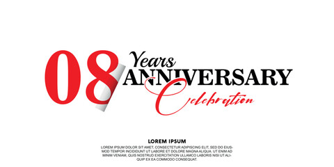 08 year anniversary  celebration logo vector design with red and black color on white background abstract 