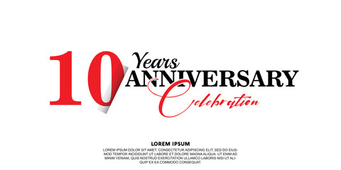 Fototapeta na wymiar 10 year anniversary celebration logo vector design with red and black color on white background abstract 
