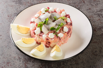 Delicious vegetable salad with herring, beetroot, apple, potato and onion close-up in a plate on the table. Horizontal