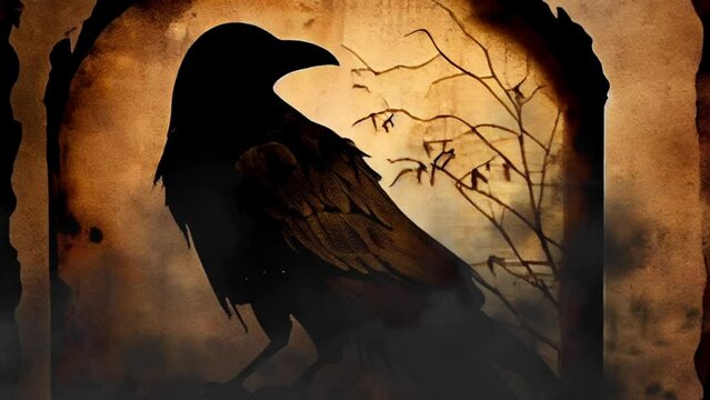 Poe's raven animated fog blackbird, crow, poetic moody dark emo misty, creepy dirty aesthetic, shadowbox noir style spooky, grime, grimy, gritty, organic dirt cracked (generative AI, AI)