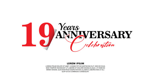 Fototapeta na wymiar 19 year anniversary celebration logo vector design with red and black color on white background abstract 