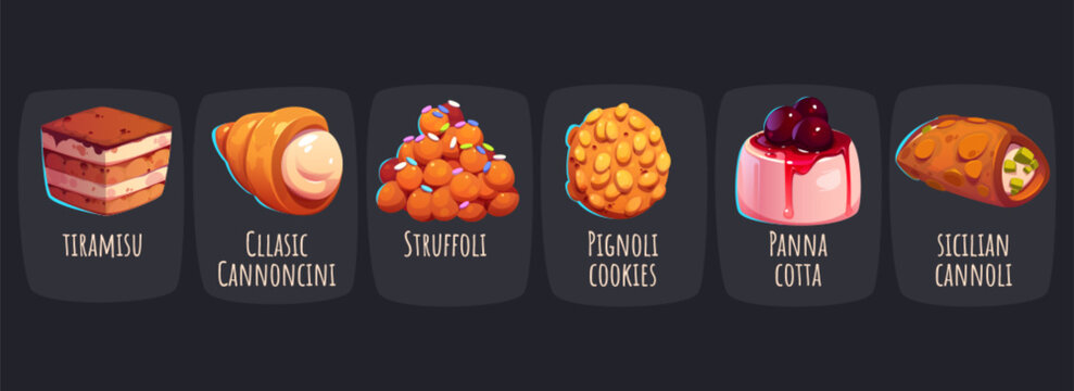 Set of delicious Italian desserts isolated on black background. Vector cartoon illustration of sweet cookies, pastry with cream, pies, tiramisu, panna cotta. Traditional bakery cafe menu in Italy