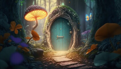 Magical mushroom in fantasy enchanted fairy tale forest with lots of brightness and lighting. Generative Ai. - obrazy, fototapety, plakaty