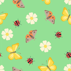 Seamless pattern with butterflies, moths, ladybugs and daisies on a green background. Spring vector cartoon illustration.