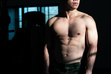 Obraz na płótnie Canvas Sexy body of muscular young Asian man in gym. Concept of health care, exercise fitness, Strong muscle mass, body enhancement, fat reduction for men's health supplement product presentation.