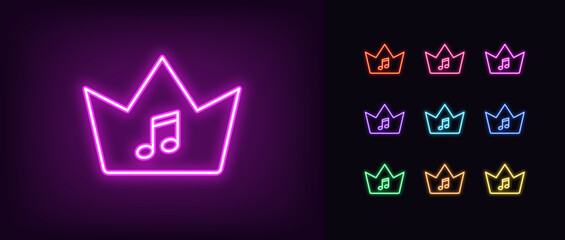 Outline neon music crown icon set. Glowing neon royal crown frame with music note sign, premium sound pictogram. Music kingdom and sound empire, luxury royal party, best songs.
