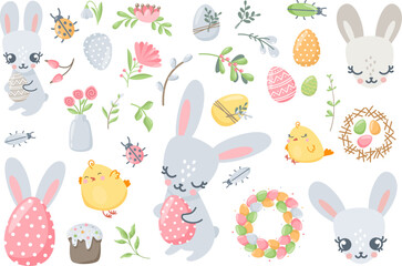 Cute vector easter set. Multicolored eggs, plants, rabbit and chickens, insects, spring elements for design on a white background