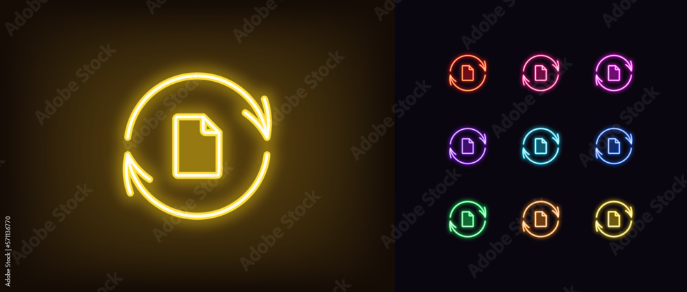 Poster outline neon file update icon set. glowing neon update arrows frame with document sign, file sync pi