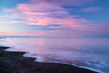 夕暮れに染まる知床半島（野付半島ー別海町）
