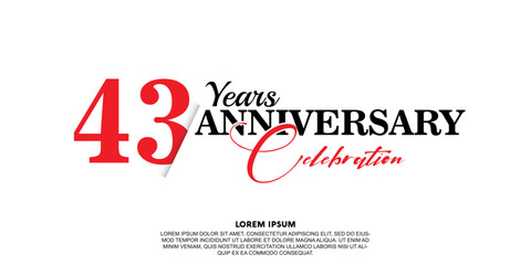 Fototapeta na wymiar 43 year anniversary celebration logo vector design with red and black color on white background abstract 