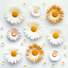 Background of daisy heads on the light background/ Top view. Floral pattern. 