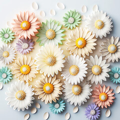 Fototapeta premium Background of daisy heads on the light background/ Top view. Floral pattern.