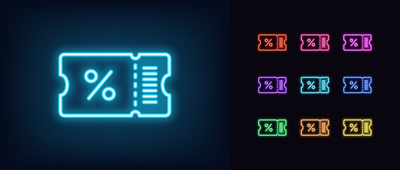 Outline neon discount ticket icon set. Glowing neon ticket frame with percentage sign, discount coupon pictogram. Digital pass sale, benefit offer, special price for festival and 0.event.