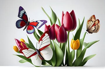 Beautiful tulips with butterflies on white background. ai generated