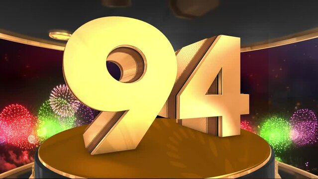 94th birthday animation in gold with fireworks background, 
Animated 94 years Birthday Wishes in 4K