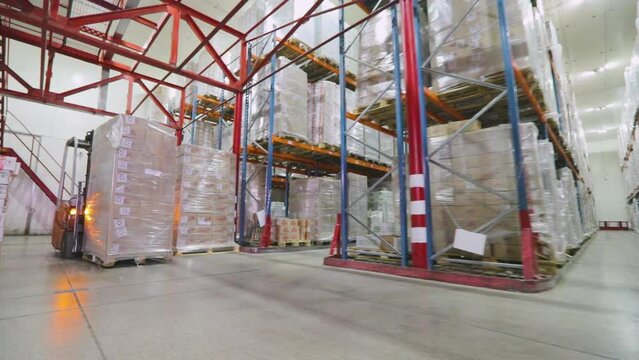 The forklift is driving through the warehouse of the factory. Modern warehouse. Large warehouse in the factory. Warehouse work