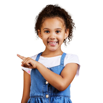 A cute little girl pointing sideways towards copyspace. Happy and cute kid showing or endorsing company or product isolated on a png background