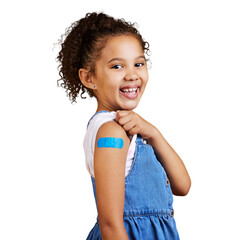 A portrait mixed race girl showing a plaster on her arm. Cute hispanic child lifting her sleeve to show injection site for covid or corona jab and vaccination isolated on a png background. - obrazy, fototapety, plakaty