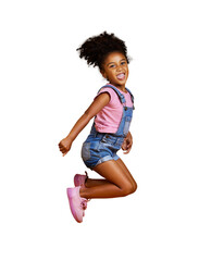 Fototapeta na wymiar A mixed race cute little girl jumping into the air with her hands raised. Happy and carefree kid hopping with joy isolated on a PNG background.