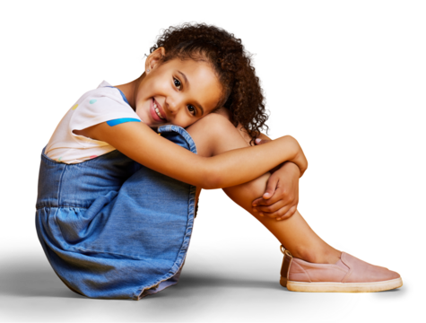 A portrait mixed race girl  child smiling and looking carefree in casual clothes isolated on a png background.