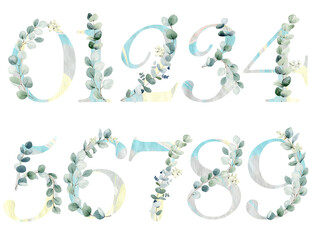Fototapeta premium Watercolor floral numbers with eucalyptus leaves for wedding invitations, greeting card, birthday, logo, poster and other.