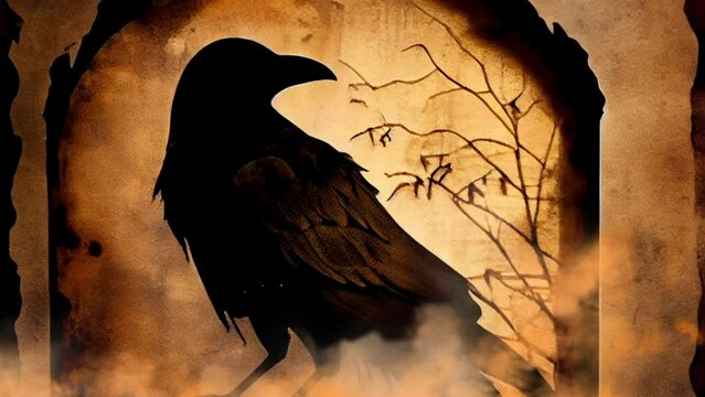 Poe's raven animated fog blackbird, crow, poetic moody dark emo misty, creepy dirty aesthetic, shadowbox noir style spooky, grime, grimy, gritty, organic dirt cracked (generative AI, AI)