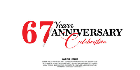 Fototapeta na wymiar 67 year anniversary celebration logo vector design with red and black color on white background abstract 