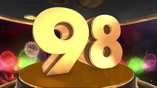 98th birthday animation in gold with fireworks background, 
Animated 98 years Birthday Wishes in 4K 