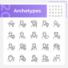 Character archetypes pixel perfect linear icons set. Psychoanalytic theory. Personal characteristics and traits. Customizable thin line symbols. Isolated vector outline illustrations. Editable stroke