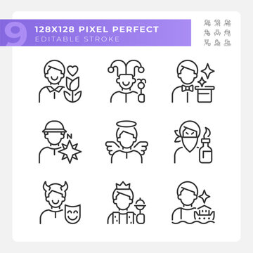 Personalities pixel perfect linear icons set. Psychoanalytic theory. Archetypes. Psychological classification. Customizable thin line symbols. Isolated vector outline illustrations. Editable stroke