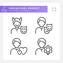 Personal traits pixel perfect linear icons set. Caregiver and creator. Personality traits. Psychoanalytic theory. Customizable thin line symbols. Isolated vector outline illustrations. Editable stroke