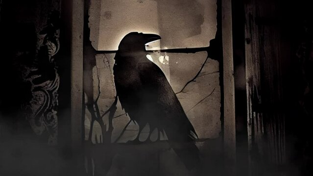 Creepy raven animated fog blackbird, crow, poetic moody dark emo misty, shadowbox noir cinemagraph, grime, grimey, gritty, organic dirt cracked creepy bird (generative AI, AI)