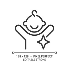 Child archetype pixel perfect linear icon. Psychoanalysis. Pattern of human behavior. Literature character description. Thin line illustration. Contour symbol. Vector outline drawing. Editable stroke