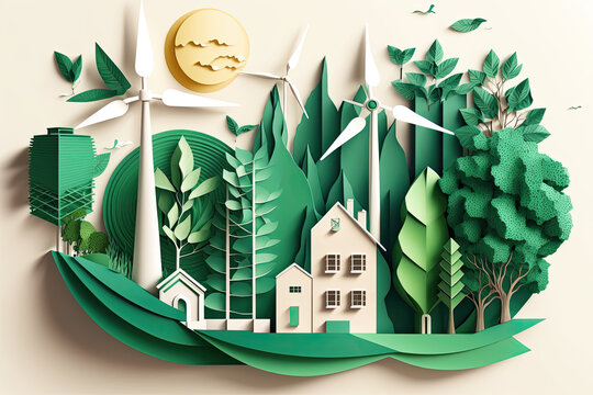 Green leaf image in the paper art style with trees, city building silhouettes, windmills, and solar panels. the preservation of ecology. a green energy idea, generative AI.