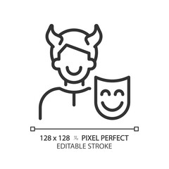 Trickster pixel perfect linear icon. Trick other people. Swindler. Literature character archetype. Psychoanalysis. Thin line illustration. Contour symbol. Vector outline drawing. Editable stroke