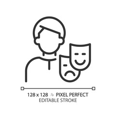 Persona pixel perfect linear icon. Social mask. Self representation to world. Archetype. First impression. Thin line illustration. Contour symbol. Vector outline drawing. Editable stroke