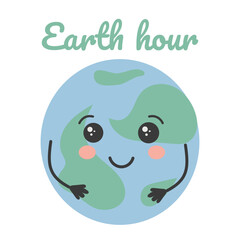 Earth hour day. Cute cartoon globe earth . Flat vector design for campaign, poster, web, mobile, social media post.