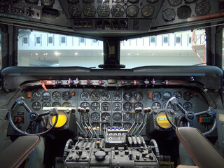 Airplane interior, cockpit view of Douglas DC-7
propeller driven airliner
