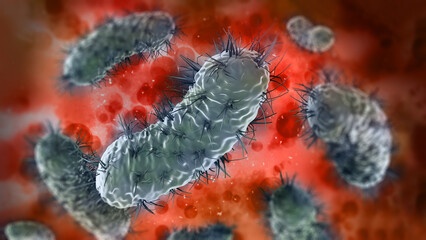 Bacteria group in the blood under microscope. 3D illustration