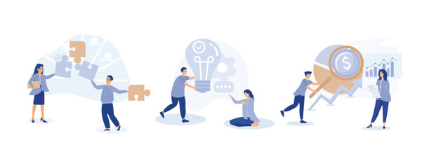 Creative characters and their business activity. People connecting puzzle pieces, generating new ideas, analyzing corporate data.set flat vector modern illustration