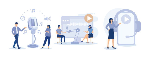 Podcast illustration set. Characters in radio studio speaking in microphone and recording audio podcast or live online interview. People listening audio on smartphone. set flat vector modern illustrat