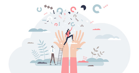 Achievement or successful career rise or growth challenge tiny person concept, transparent background.Business target or goal reaching with cheering congratulation illustration.