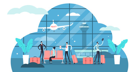 Fototapeta na wymiar Airport illustration, transparent background. Flat aerodrome with air passenger and luggage. Aircraft and control tower for arrival and departure. Waiting for holiday check in and boarding.