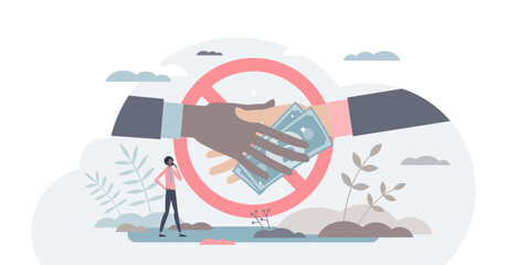 Anti corruption scene with illegal bribe money transfer tiny person concept, transparent background. Stop fraud and greedy bribe illustration. Give criminal finances and refuse or reject offer.
