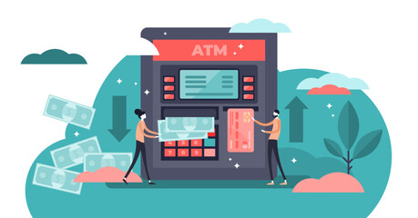 ATM cash machine illustration, transparent background. Flat tiny persons with money concept. Customer deposit or transfer banknotes from plastic card to account.