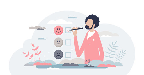 Client satisfaction survey as customer feedback review tiny person concept, transparent background. Experience opinion from consumer as choice for service or product illustration.
